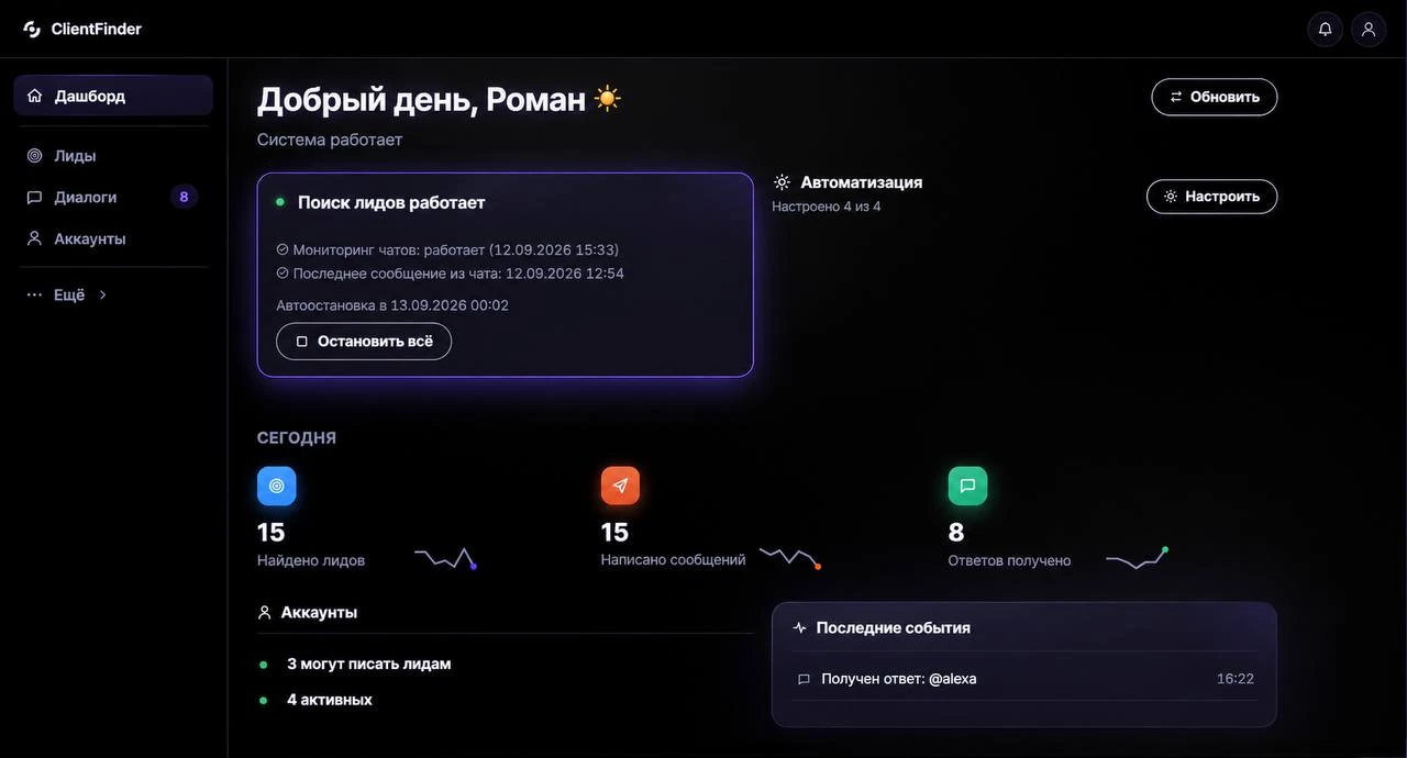 Дашборд ClientFinder: статус поиска, найденные лиды и написанные сообщения за сегодня